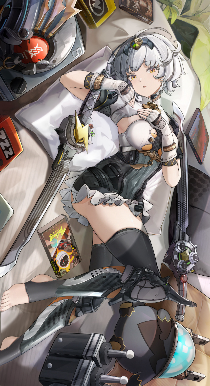 1girl absurdres anby_demara anby_demara_(silver_soldier) bangboo_(zenless_zone_zero) black_boots black_hairband boots braided_sidelocks dvd_case fingerless_gloves gloves grey_hair hairband highres looking_at_viewer lying my_neighbor_totoro_yerby official_alternate_costume on_back on_bed orange_eyes parted_lips short_hair sideboob_cutout sword weapon white_gloves zenless_zone_zero