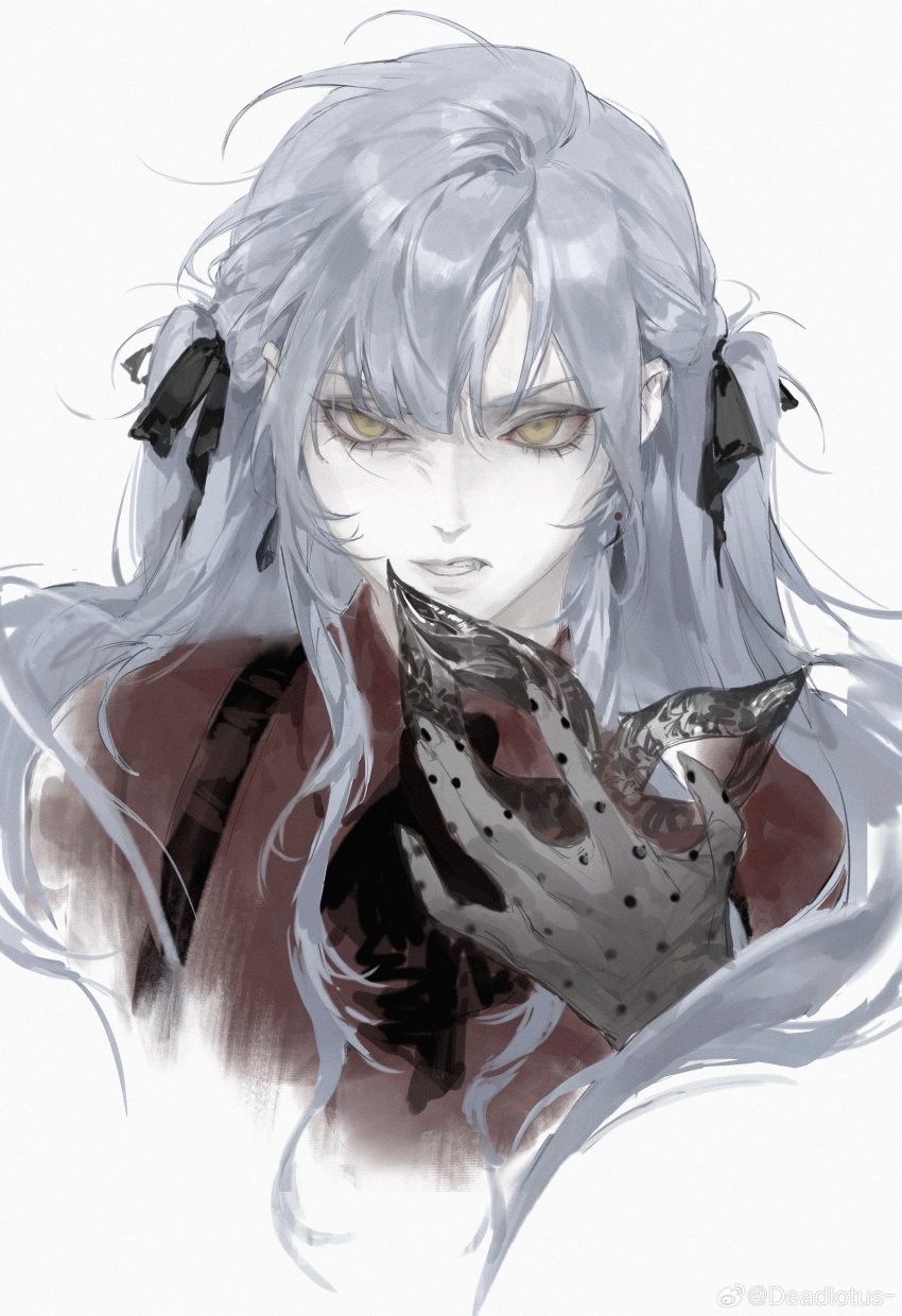 1girl absurdres artist_name ascot bang_dream! bang_dream!_it&#039;s_mygo!!!!! black_ascot black_mask black_ribbon clenched_teeth derivative_work earrings eye_mask fingernails glaring gloves grey_gloves grey_hair hair_ribbon hand_up highres holding holding_mask jewelry jiao_chang long_hair lower_eyelashes_only mask masquerade_mask oblivionis_(bang_dream!) polka_dot_gloves red_shirt ribbon see-through_clothes see-through_gloves sharp_fingernails shirt simple_background solo teeth togawa_sakiko tsurime two_side_up v-shaped_eyebrows watermark weibo_watermark white_background yellow_eyes