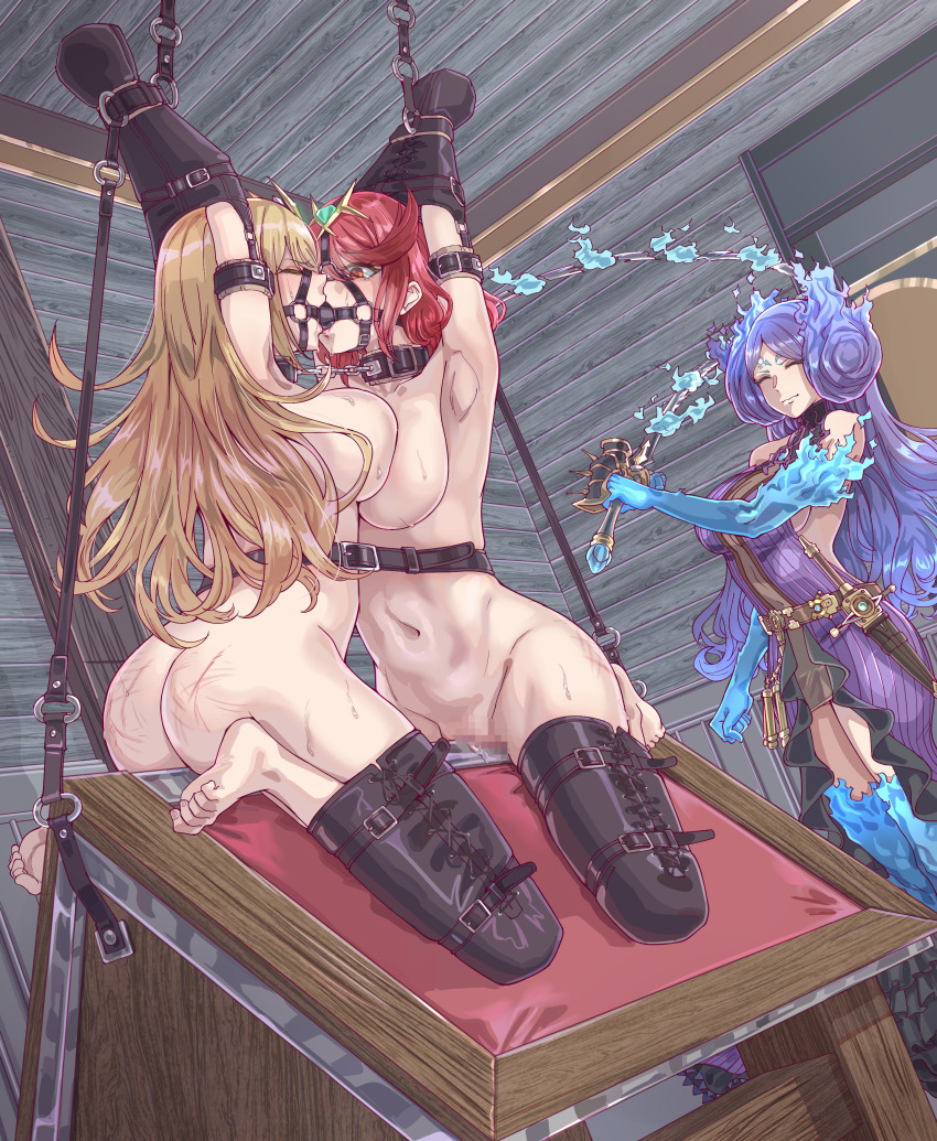 3girls absurdres arm_binder ass_smack ball_gag bdsm blonde_hair bondage bound bound_together breast_press breasts brighid_(xenoblade) captured collar commentary_request dress femdom gag highres indoors leveen long_hair multiple_girls mythra_(massive_melee)_(xenoblade) mythra_(xenoblade) nude purple_dress purple_hair pyra_(xenoblade) red_eyes restrained shibari short_hair slave spanked spanking sweater sweater_dress tiara torture whipping wooden_horse xenoblade_chronicles_(series) xenoblade_chronicles_2 yuri