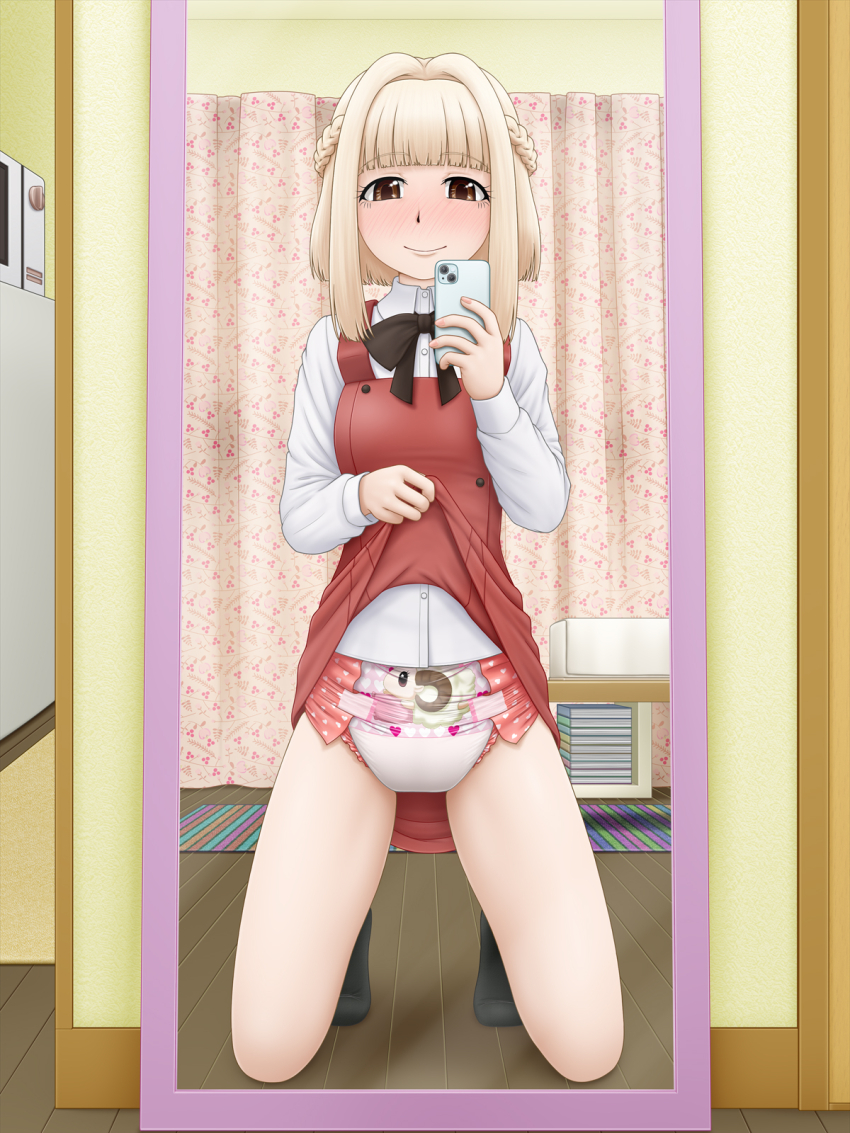 1girl black_socks blonde_hair blush book book_stack bow bowtie braid brown_bow brown_bowtie brown_eyes cellphone clothes_lift crown_braid curtains diaper dress dress_lift dress_shirt female_focus full_body god_hand_mar hair_intakes heart heart_print hidamari_sketch holding holding_phone indoors kneeling lifting_own_clothes lifting_own_dress long_sleeves looking_at_viewer mirror nazuna_(hidamari_sketch) phone print_diaper reflection reflection_focus sheep_print shirt smartphone smile socks solo white_shirt wooden_floor