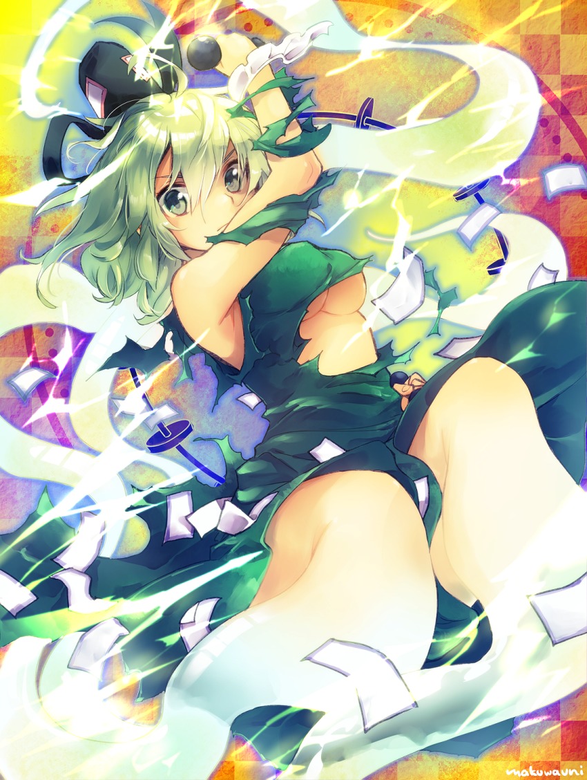 1girl arm_up artist_name bare_shoulders breasts checkered_background closed_mouth dress dual_wielding dumbbell electricity female_focus frown ghost_tail glowing green_dress green_eyes green_hair hair_between_eyes hair_ornament hair_stick hat highres holding looking_at_viewer makuwauri matching_hair/eyes ofuda raijin_(mythology) short_hair soga_no_tojiko solo tate_eboshi torn_clothes torn_sleeves touhou underboob wrist_cuffs