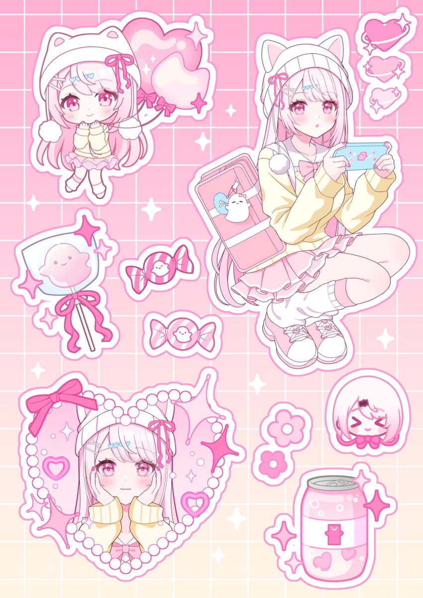 &gt;_&lt; 1girl :o animal_ears animal_hat bag balloon beanie blush bow bowtie can candy cat_ears cat_hat cellphone chibi closed_mouth collared_shirt commentary drink_can eyelashes fake_animal_ears fingernails flower_symbol food frilled_shirt_collar frills gradient_background grid_background hair_ornament hairclip hands_on_own_cheeks hands_on_own_face hands_up hat hat_ribbon heart heart_balloon heart_hair_ornament highres holding holding_balloon holding_phone leg_warmers lollipop long_hair long_sleeves looking_at_viewer miniskirt multicolored_shoes multiple_views nail_polish nijisanji open_mouth outline parted_bangs phone pink_background pink_bag pink_bow pink_bowtie pink_eyes pink_hair pink_nails pink_ribbon pink_shoes pink_skirt pleated_skirt ponigiri12 ribbon school_bag school_uniform shiina_yuika shirt shoes sidelocks skirt sleeves_past_wrists smartphone smile sparkle squatting sweater swept_bangs symbol-only_commentary two-tone_shoes very_long_hair virtual_youtuber white_hat white_leg_warmers white_outline white_shirt white_shoes yellow_background yellow_sweater