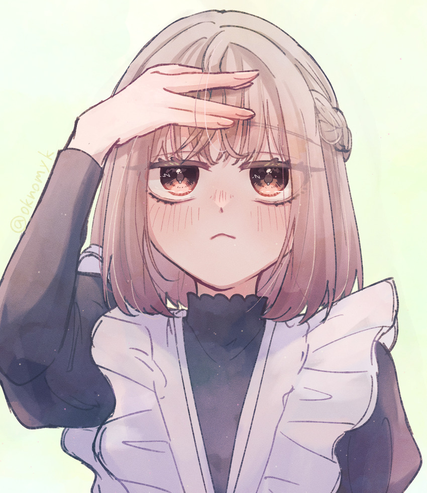 1girl :&lt; artist_name blush braid brown_eyes commentary_request eyes_visible_through_hair frills frown green_background half_up_braid hand_on_own_forehead hand_up highres juliet_sleeves kimi_no_koto_ga_dai_dai_dai_dai_daisuki_na_100-nin_no_kanojo long_sleeves maid medium_hair meido_mai oknomyk puffy_sleeves simple_background solo straight-on twitter_username upper_body
