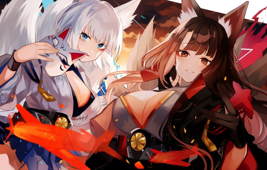 2girls akagi_(azur_lane) animal_ear_fluff animal_ears azur_lane black_gloves black_hair black_kimono blue_eyes blue_skirt breasts cleavage commentary dutch_angle eyeliner fox_ears fox_tail gloves hair_ornament hakama hakama_short_skirt hakama_skirt highres holding holding_mask japanese_clothes kaga_(azur_lane) kimono large_breasts long_hair long_sleeves looking_at_viewer makeup mask medium_breasts miniskirt multiple_girls multiple_tails parted_lips pomu_(pomu_me) red_eyes short_hair siblings silver_hair sisters skirt smile tail white_kimono wristband