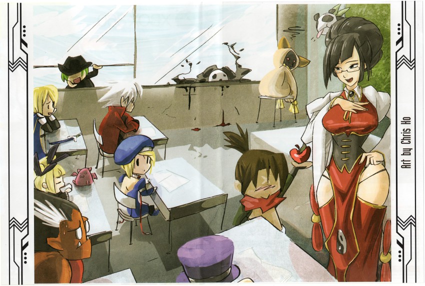 5girls 6+boys :3 :d :p absurdres animal_ears animal_hood apple arakune arc_system_works back bat_(animal) beret black_eyes black_hair blazblue blazblue:_calamity_trigger blazblue:_continuum_shift blonde_hair blunt_bangs blush book braid breasts brooch carl_clover cat_hood chair chibi child china_dress chinese_clothes chris_ko classroom closed_eyes coat colored_skin corset cup curvy dark_skin desk dress drinking embarrassed faceless faceless_male fangs fedora food fruit gii glasses glowing glowing_eyes green_hair hair_bun hair_ribbon hair_up hand_on_own_hip hat hazama head_rest highres hood hoodie indoors iron_tager jacket jewelry kisaragi_jin lao_jiu large_breasts litchi_faye_ling loincloth long_hair mask military military_uniform monster multicolored_hair multiple_boys multiple_girls narrow_waist noel_vermillion o_o object_on_head official_art open_clothes open_jacket open_mouth panda panties ponytail rachel_alucard ragna_the_bloodedge red_eyes red_skin ribbon scarf school shishigami_bang short_hair single_hair_bun sitting slime_(substance) smile sweatdrop sword taokaka tea teacher teacher_and_student teacup thong tongue tongue_out top_hat twin_braids twintails two-tone_hair underwear vampire very_long_hair weapon white_hair wide_hips window yin_yang