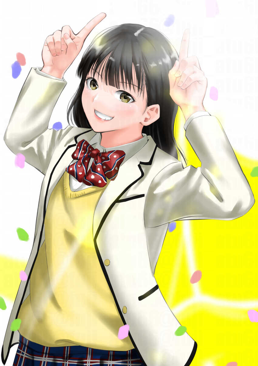 1girl absurdres atu_(fuji_atu66) avataro_sentai_donbrothers black_hair commentary confetti highres jacket kito_haruka shirt smirk solo super_sentai sweater tokusatsu white_jacket white_shirt yellow_sweater