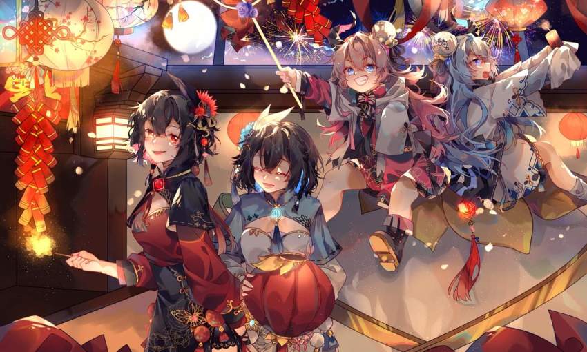 4girls :d artist_request black_hair blue_eyes blue_hair chinese_clothes chinese_lantern chinese_new_year closed_eyes dual_persona fire firecrackers fireworks full_body full_moon grin hair_between_eyes hair_ornament holding holding_fireworks holding_lantern holding_sparkler honkai_(series) honkai_impact_3rd horns lantern liliya_olenyeva long_hair long_sleeves moon multiple_girls night night_sky open_mouth outdoors pink_hair red_eyes red_hair rozaliya_olenyeva seele_(alter_ego) seele_vollerei shoe_soles short_hair siblings single_horn sky smile twins