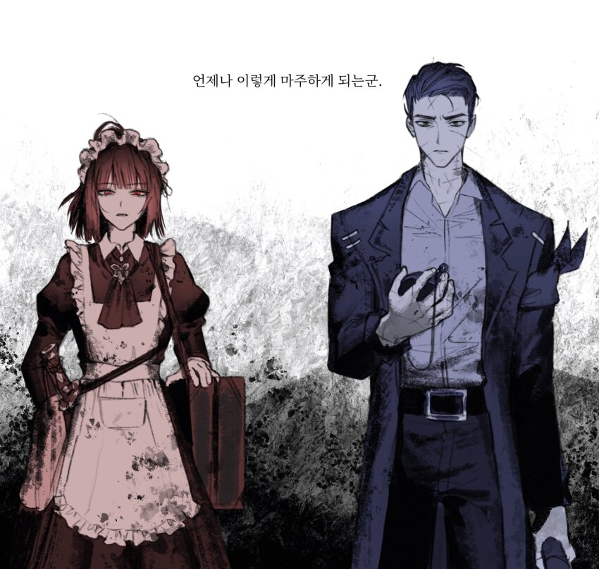 1boy 1girl apron armband ascot bag belt chanil_(muexlku) coat cowboy_shot dead_rabbits_(identity)_(project_moon) frilled_apron frills highres holding holding_pocket_watch juliet_sleeves korean_text lapels limbus_company long_sleeves looking_at_viewer maid maid_headdress meursault_(project_moon) notched_lapels pants pocket_watch project_moon puffy_sleeves ryoshu_(project_moon) translation_request watch wuthering_heights_(identity)_(project_moon)