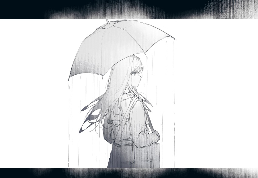 1girl bag bang_dream! bang_dream!_it&#039;s_mygo!!!!! chinese_commentary commentary_request dkl_(dinosaurkl2) highres holding holding_umbrella long_hair monochrome nagasaki_soyo rain school_bag school_uniform shoulder_bag solo tsukinomori_school_uniform umbrella white_background