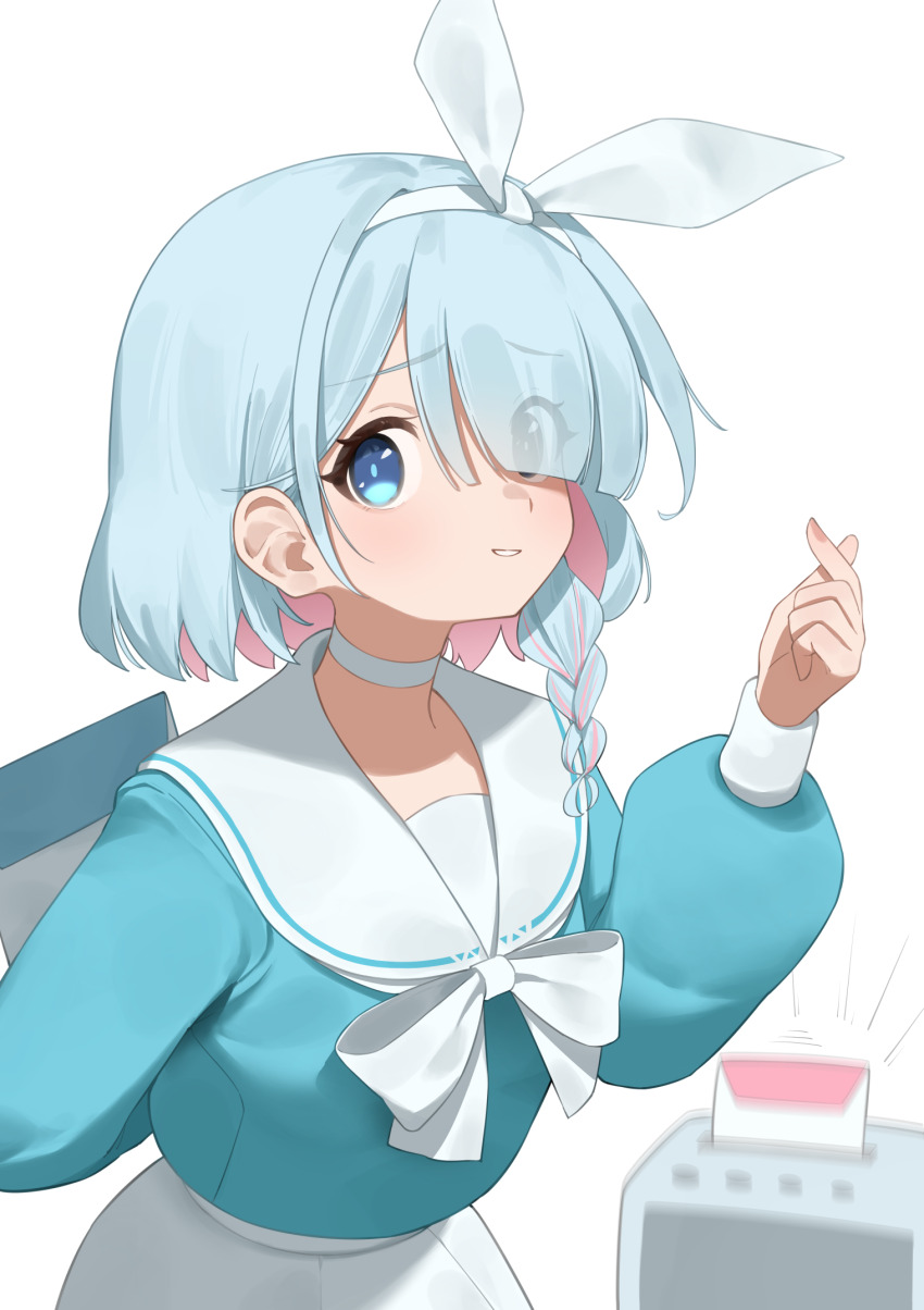 1girl aqua_serafuku arm_behind_back arona_(blue_archive) blue_archive blue_eyes blue_hair bow braid choker colored_inner_hair commentary_request finger_heart flasso grin hair_over_one_eye hair_ribbon highres long_sleeves looking_at_viewer medium_hair multicolored_hair partial_commentary pink_hair pink_nails ribbon sailor_collar simple_background skirt smile solo two-tone_hair white_background white_bow white_choker white_ribbon white_sailor_collar white_skirt