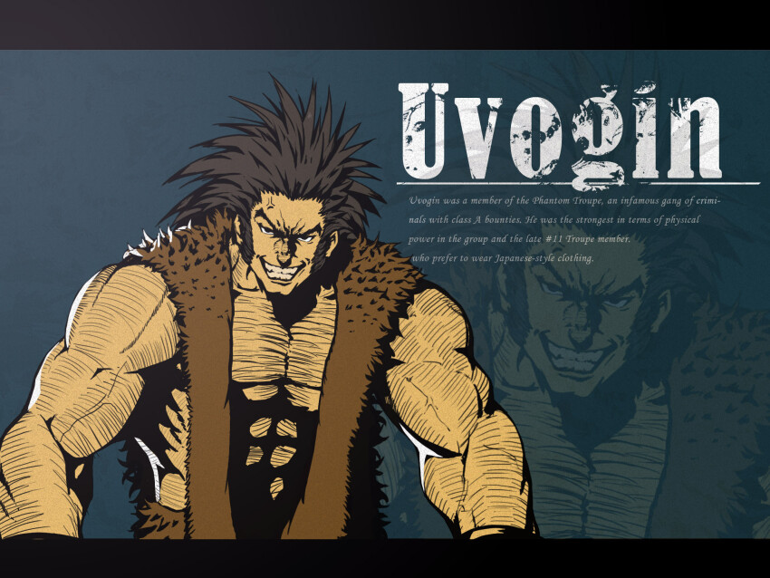 1boy abs anger_vein arm_hair black_eyes black_hair chest_hair commentary english_text evil_grin evil_smile fur-trimmed_vest fur_trim grin highres hunter_x_hunter letterboxed male_focus muscular muscular_male rui_li smile solo upper_body uvogin vest
