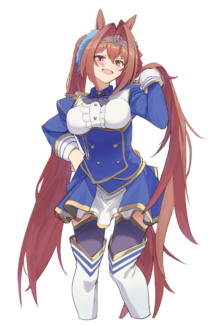 1girl absurdres animal_ears blue_dress blush breasts brown_hair center_frills commentary_request cropped_legs daiwa_scarlet_(peak_blue)_(umamusume) daiwa_scarlet_(umamusume) dress epaulettes fang framed_breasts frills fuse_gomame hair_intakes hair_ornament hand_on_own_hip highres horse_ears horse_girl horse_tail juliet_sleeves large_breasts layered_legwear layered_skirt long_hair long_sleeves looking_at_viewer open_mouth puffy_sleeves red_eyes simple_background skirt smile solo tail thighs tiara twintails umamusume underbust very_long_hair white_background