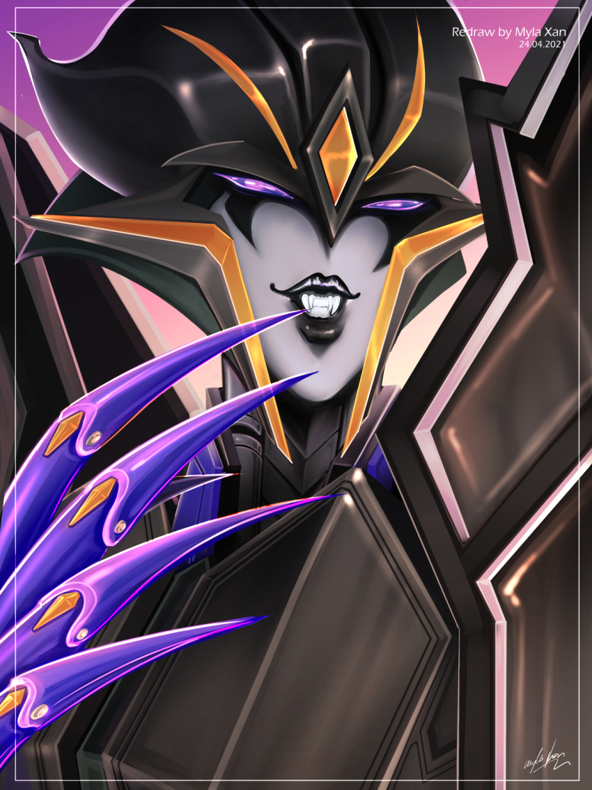 1girl airachnid black_lips fangs fingernails helmet highres humanoid_robot myla_xan purple_eyes robot robot_girl sharp_fingernails solo transformers transformers_prime upper_body