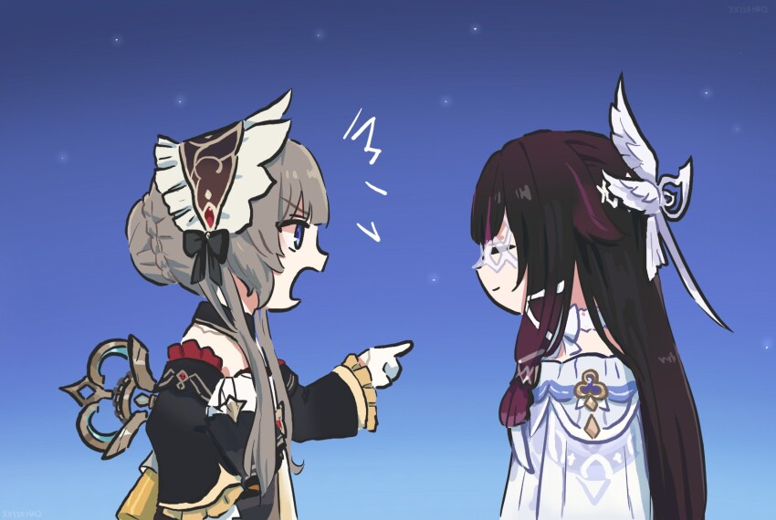 1girl automaton_(object) black_dress black_hair brown_hair closed_eyes closed_mouth columbina_(genshin_impact) detached_sleeves dress facing_another genshin_impact gloves highres light_smile long_hair long_sleeves looking_at_another open_mouth pink_hair pointing pointing_at_another sandrone_(genshin_impact) short_hair_with_long_locks very_long_hair white_dress white_gloves white_headdress xinzoruo