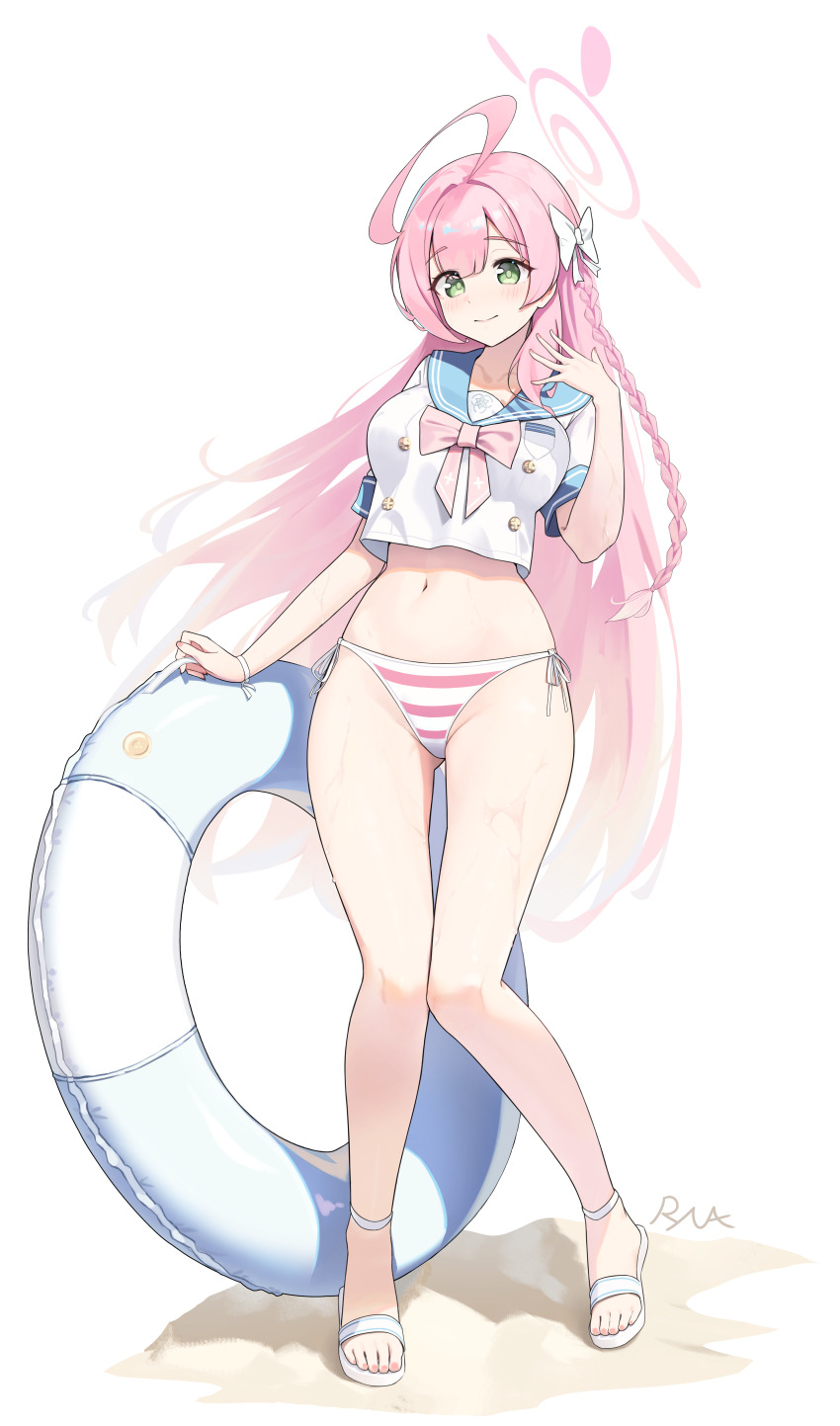 1girl absurdres ahoge artist_name bikini bikini_bottom_only blue_archive blue_innertube blue_sailor_collar bow bowtie braid closed_mouth commentary_request cropped_shirt full_body green_eyes hair_intakes halo hanako_(blue_archive) hand_up highres huge_ahoge long_hair looking_at_viewer navel pink_bikini pink_bow pink_bowtie pink_hair pink_halo ryua_(user_kedz2257) sailor_collar sand shirt short_sleeves side-tie_bikini_bottom simple_background single_braid smile standing striped_bikini striped_clothes swimsuit thighs wet white_background white_bikini white_shirt