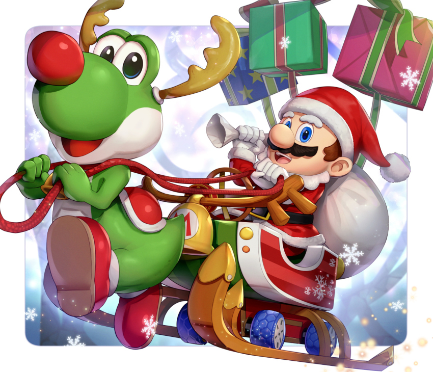 1boy :d antlers bell belt blue_eyes border brown_hair christmas commentary_request facial_hair fake_antlers fake_nose fur-trimmed_jacket fur_trim gift gloves gonzarez hat holding holding_sack horns jacket jingle_bell long_sleeves looking_at_viewer male_focus mario mario_(santa) mario_(series) mario_kart mario_kart_tour mustache nintendo official_alternate_costume open_mouth pants pom_pom_(clothes) pulling red_hat red_jacket red_pants red_shoes reindeer_antlers reins sack santa_costume santa_hat shoes short_hair sitting sleigh smile snowflakes star_(symbol) teeth upper_teeth_only white_border white_gloves yoshi yoshi_(reindeer)