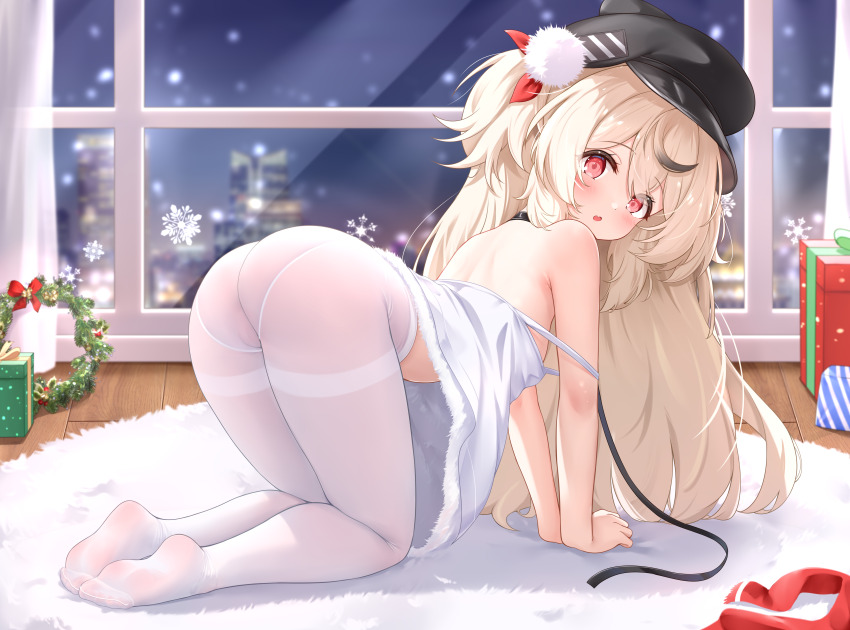 1girl :o absurdres all_fours ass azur_lane bare_shoulders black_hair black_hat blonde_hair blush box breasts newsboy_cap carpet chinese_commentary christmas christmas_present commentary_request dress full_body gift gift_box hat highres indoors leash long_hair looking_at_viewer looking_back multicolored_hair night no_panties no_shoes open_mouth paid_reward_available pantyhose peaked_cap pom_pom_(clothes) qian_hen red_eyes small_breasts snowflakes soles solo strap_slip streaked_hair thighband_pantyhose toes two-tone_hair white_dress white_pantyhose window wooden_floor z9_(azur_lane)