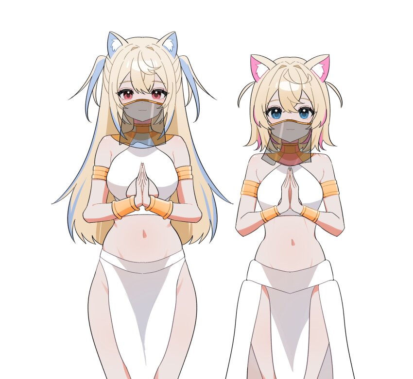 2girls ancient_egyptian_clothes animal_ear_fluff animal_ears armlet bare_shoulders blonde_hair blue_eyes blue_hair bracer breasts colored_inner_animal_ears dog_ears dog_girl egyptian_trend_(meme) fuwawa_abyssgard groin hair_between_eyes hair_intakes hana20000920 highres hololive hololive_english jewelry large_breasts long_hair looking_at_viewer meme midriff mococo_abyssgard mouth_veil multicolored_hair multiple_girls navel palms_together pelvic_curtain pink_hair see-through_clothes see-through_veil short_hair siblings simple_background sisters small_breasts smile streaked_hair twins two-tone_hair two_side_up usekh_collar veil virtual_youtuber white_background