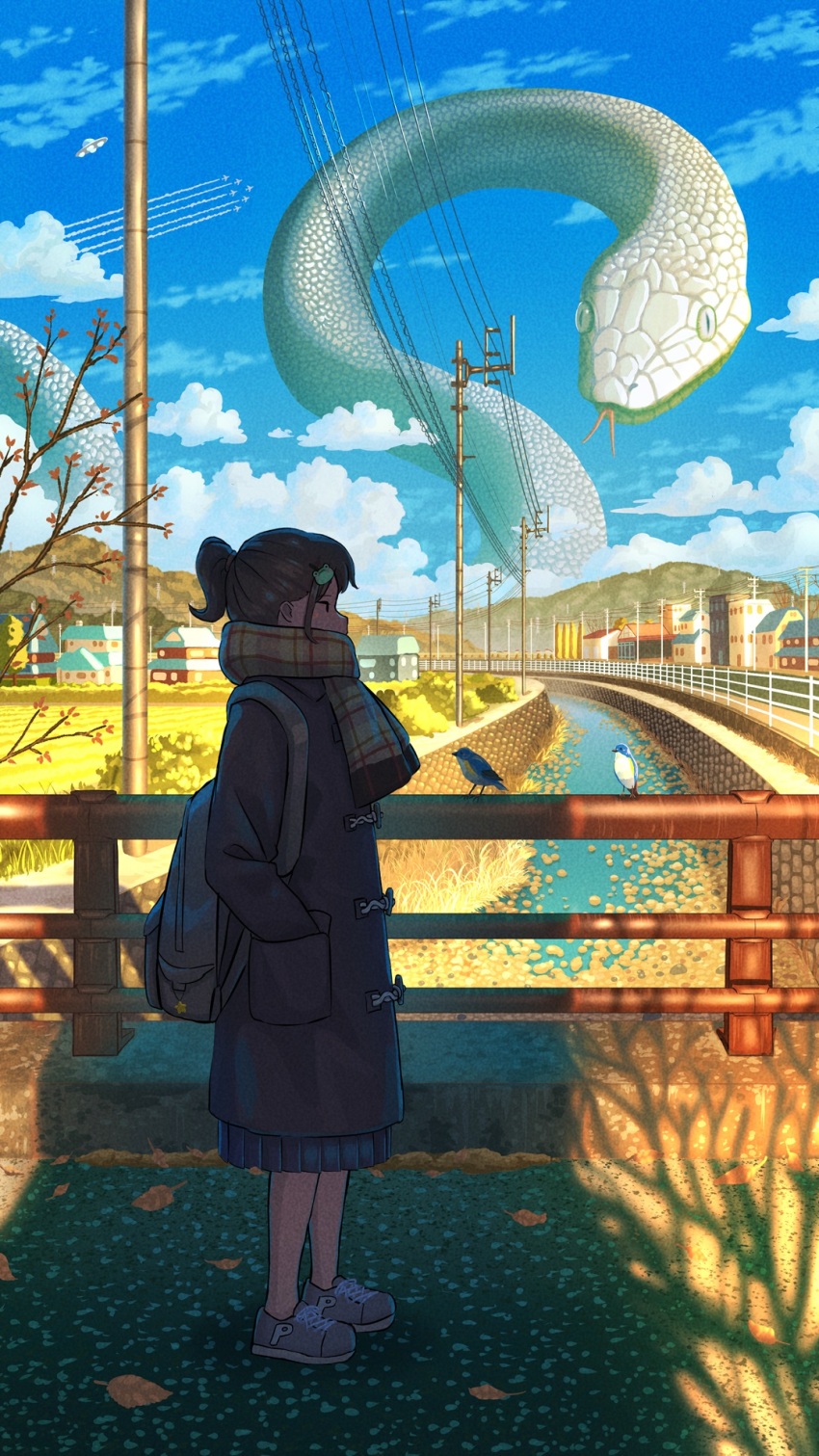 1girl aircraft airplane animal animal_request backpack bag bird blue_coat blue_shoes blue_sky bridge brown_hair building bush canal cloud coat commentary_request contrail day forked_tongue frog_hair_ornament full_body giant_snake grass hair_ornament hands_in_pockets highres hill leaf original oversized_animal pasoputi plaid_clothes plaid_scarf pleated_skirt ponytail power_lines railing scales scarf scenery school_bag shadow shoes short_hair skirt sky slit_pupils snake sneakers solo tongue tree ufo utility_pole