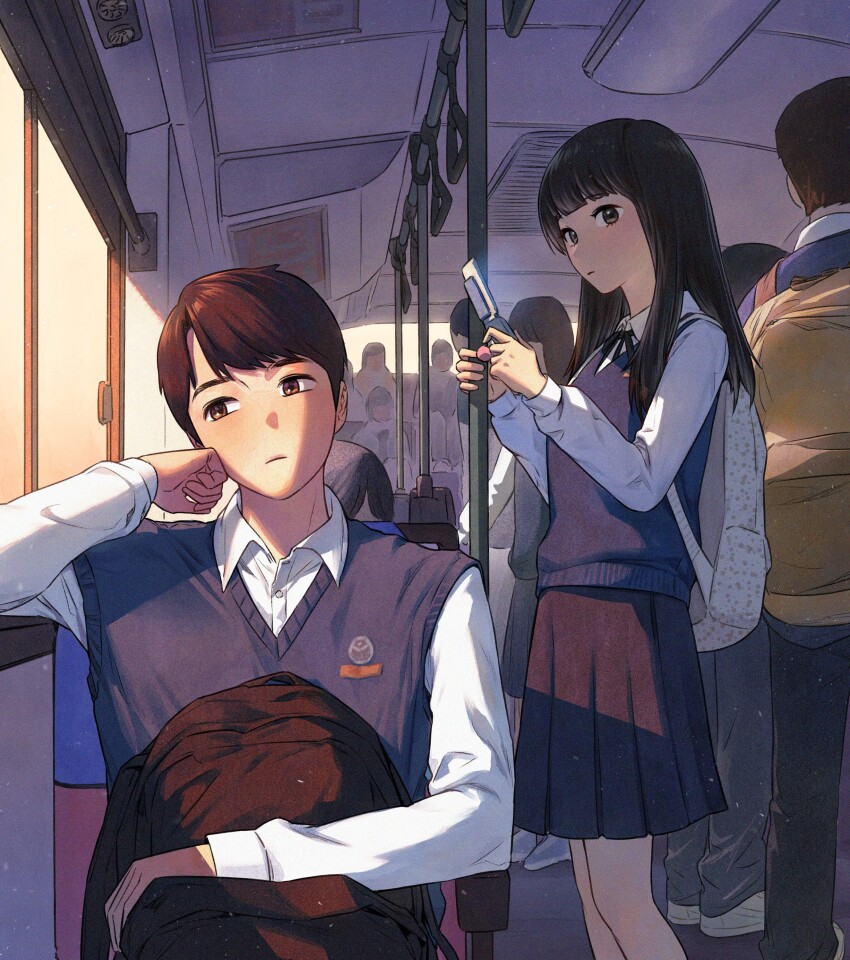 1boy 1girl absurdres backpack bag bag_on_lap black_bag black_hair black_ribbon black_skirt blunt_bangs brown_hair bus cellphone closed_mouth collared_shirt ddini flip_phone hair_over_shoulder hand_on_own_face highres long_hair long_sleeves looking_at_another looking_outside looking_to_the_side motor_vehicle neckerchief original parted_bangs people phone pleated_skirt ribbon school_uniform shirt short_hair sitting skirt standing sweater_vest white_bag white_shirt