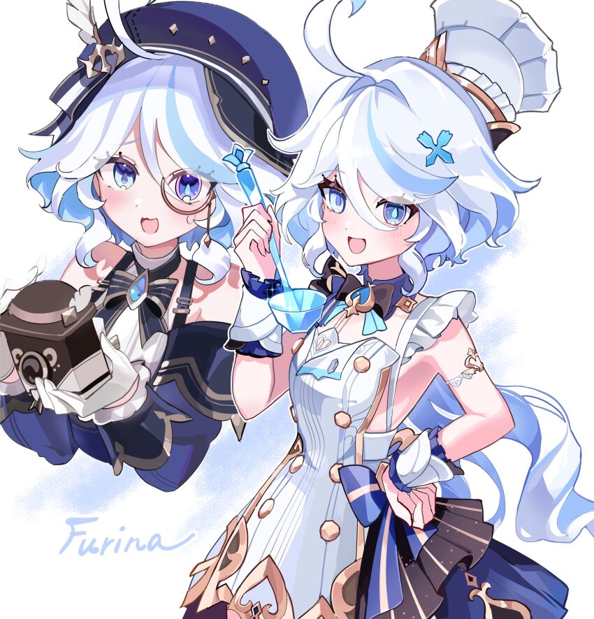 &gt;_&lt; 1girl :d ahoge apron bare_shoulders blue_eyes blue_hair blue_hat blue_skirt chaena_(exmd3552) charlotte_(genshin_impact) charlotte_(genshin_impact)_(cosplay) chef_hat colored_inner_hair cosplay cowboy_shot detached_sleeves escoffier_(genshin_impact) escoffier_(genshin_impact)_(cosplay) furina_(genshin_impact) genshin_impact gloves hair_intakes hat highres holding holding_ladle ladle long_hair long_sleeves looking_at_viewer monocle multicolored_hair multiple_views newsboy_cap open_mouth red_hat shirt skirt smile standing upper_body very_long_hair white_apron white_background white_gloves white_hair white_hat white_shirt wrist_cuffs