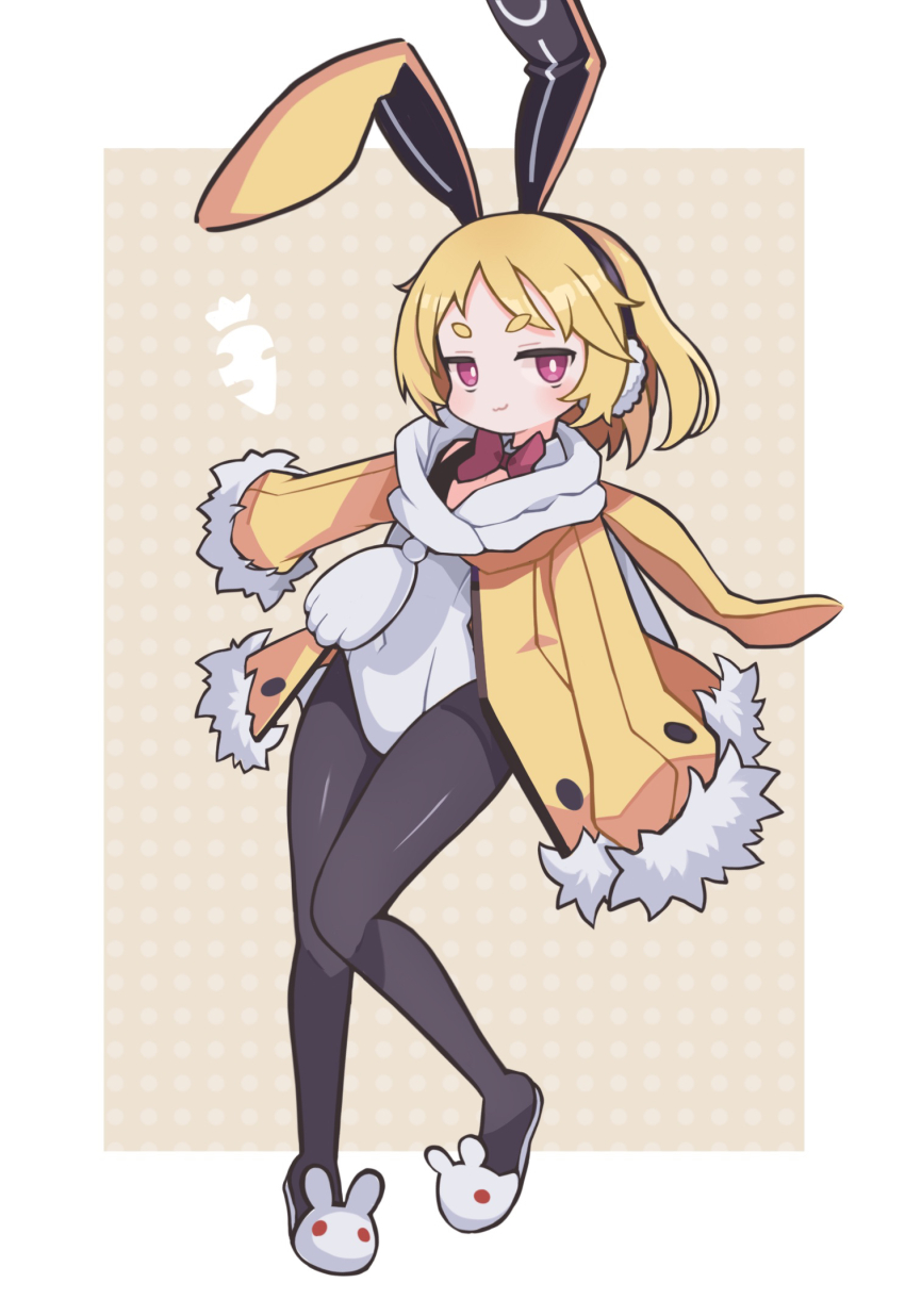 1girl :3 animal_ears animal_slippers black_pantyhose blonde_hair bow bowtie bright_pupils bunny_slippers coat commentary covered_navel detached_collar disgaea earmuffs fake_animal_ears flat_chest full_body fur-trimmed_jacket fur-trimmed_sleeves fur_trim half-closed_eyes highres hikimayu jacket knees_together_feet_apart leotard long_sleeves looking_at_viewer makai_senki_disgaea_5 navel no_nose open_clothes open_jacket pantyhose pigeon-toed playboy_bunny purple_bow purple_bowtie purple_eyes rabbit_earmuffs rabbit_ears rabbits_foot scarf short_eyebrows short_hair sleeves_past_fingers sleeves_past_wrists slippers smile solo standing standing_on_one_leg suaman thick_eyebrows usalia_(disgaea) white_leotard white_pupils white_scarf wing_collar yellow_coat yellow_jacket