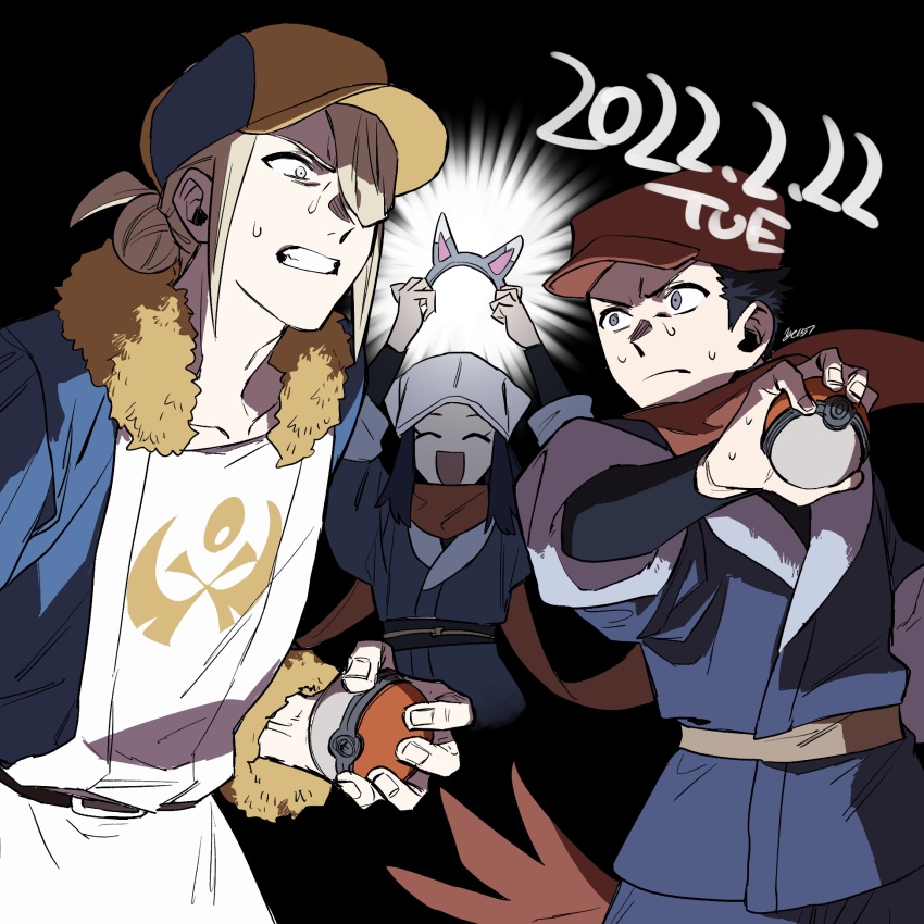 1girl 2boys akari_(pokemon) animal_ears blonde_hair blue_hair cat_ears closed_eyes commentary_request dated eye_contact fake_animal_ears gen_4_pokemon glameow hair_over_one_eye hat headscarf highres holding holding_poke_ball looking_at_another multiple_boys nintendo one_eye_covered poke_ball pokemon pokemon_legends:_arceus red_scarf rei_(pokemon) scarf smile sweat volo_(pokemon) white_headscarf yc157_ar