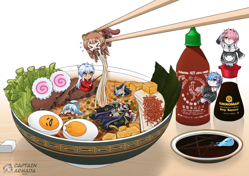 &gt;_&lt; 1boy 3others 4girls ^_^ absurdres ainz_ooal_gown animal_ears apron aqua_(konosuba) artist_name asphyxiation belt black_dress black_robe blue_eyes blue_hair blush brown_background brown_belt brown_hair captainarmada character_request chibi chopsticks climbing closed_eyes commentary commission copyright_request crossover crying_aqua_(meme) dangling dog_boy dog_ears dress drowning english_commentary floating floating_on_back flying_teardrops food gradient_background gudetama hair_over_one_eye hair_rings hair_tubes hand_up hands_up highres inuyasha inuyasha_(character) kono_subarashii_sekai_ni_shukufuku_wo! layered_dress leather_belt long_hair long_sleeves looking_ahead maid maid_apron maid_headdress medium_hair meme metal_hair_tubes mini_person miniboy minigirl multiple_crossover multiple_girls multiple_others noodles open_mouth orange_eyes overlord_(maruyama) pentagram pink_eyes pink_hair purple_robe raccoon_ears raccoon_girl raccoon_tail ram_(re:zero) ramen raphtalia re:zero_kara_hajimeru_isekai_seikatsu red_dress red_eyes red_robe rem_(re:zero) rimuru_tempest_(slime) robe sanrio skeleton slime_(creature) soy_sauce soy_sauce_bottle tail tate_no_yuusha_no_nariagari tearing_up teeth tensei_shitara_slime_datta_ken thick_eyebrows two-tone_dress two-tone_robe upper_teeth_only waist_apron white_background white_dress white_hair wide_sleeves