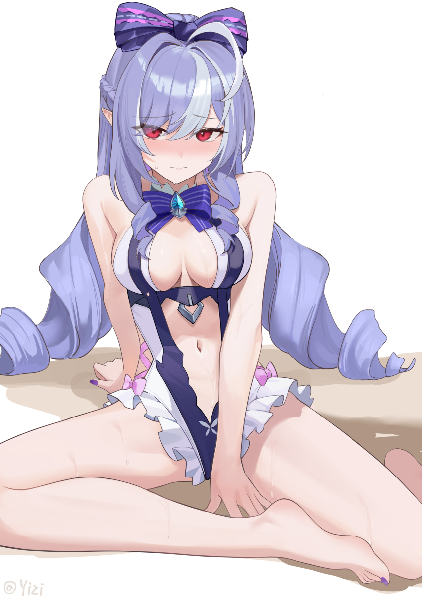 1girl 3: absurdres ahoge arm_support artist_name bare_arms bare_legs bare_shoulders between_legs blue_bow blue_bowtie blue_hair blue_one-piece_swimsuit blush bow bow_swimsuit bowtie braid breasts breasts_apart chinese_commentary closed_mouth clothing_cutout commentary_request drill_hair embarrassed eyelashes eyes_visible_through_hair feet foot_out_of_frame frilled_one-piece_swimsuit frills furrowed_brow hair_between_eyes hair_bow hair_intakes half_up_braid hand_between_legs highres huge_ahoge large_breasts leaning_back long_hair looking_at_viewer low_twintails multicolored_hair nail_polish navel nose_blush official_alternate_costume one-piece_swimsuit pink_bow pointy_ears purple_nails red_eyes simple_background sitting solo spread_legs stomach stomach_cutout streaked_hair sweatdrop swimsuit thighs toenail_polish toenails toes tsurime twin_drills twintails two-tone_one-piece_swimsuit very_long_hair vivian_banshee vivian_banshee_(iris_of_the_shore) wet white_background white_hair white_one-piece_swimsuit yizi_(yizi_official) zenless_zone_zero
