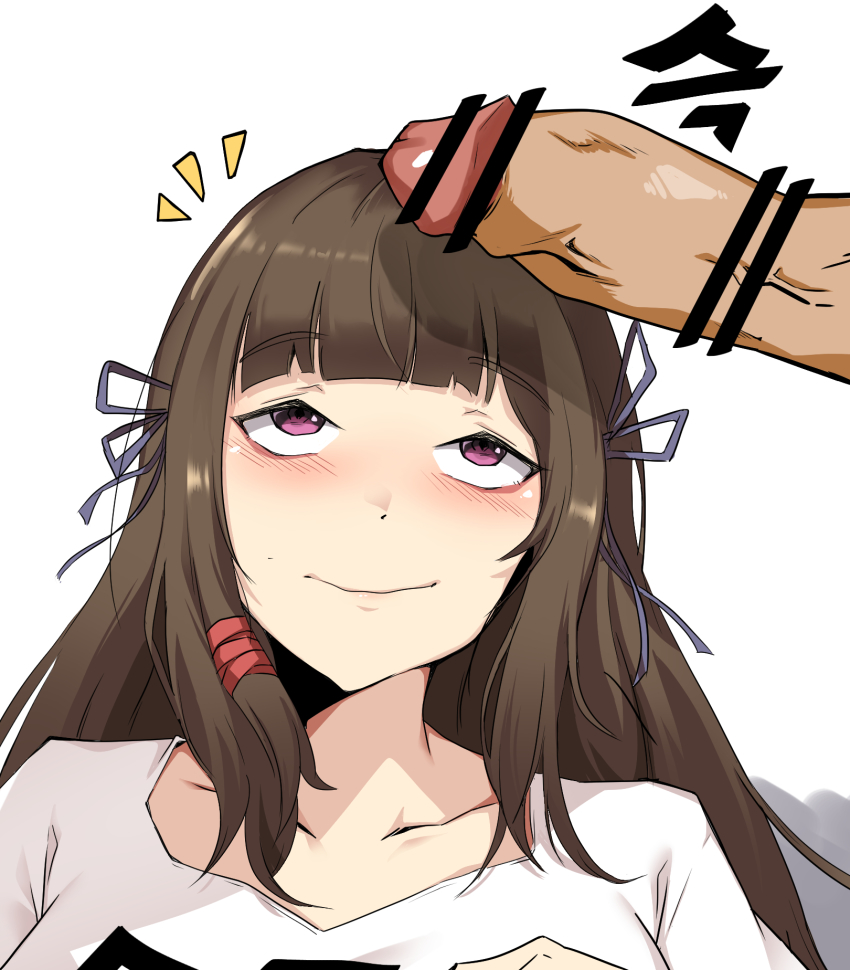 1boy 1girl bar_censor brown_hair censored hair_ornament halusal-i hetero highres korean_text last_origin looking_up penis scissors_lise shirt smile solo_focus straight_hair veins veiny_penis white_background white_shirt