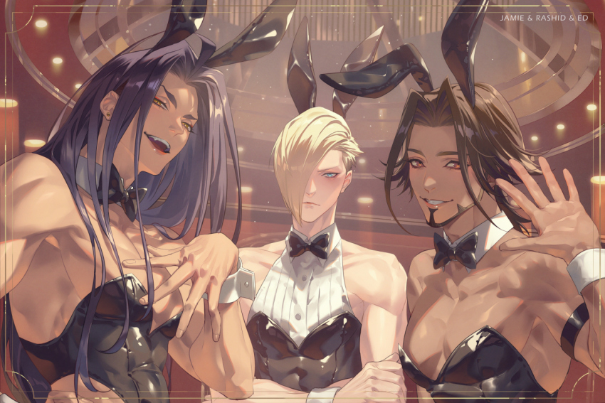 3boys animal_ears arm_up black_bow black_bowtie black_hair black_leotard blue_eyes blush bow bowtie brown_eyes brown_hair ceiling_light character_name collarbone commentary crossdressing crossed_arms curtained_hair dark-skinned_male dark_skin detached_collar earrings ed_(street_fighter) embarrassed facial_hair fake_animal_ears goatee hair_over_one_eye indoors jamie_siu jewelry leotard long_hair looking_down looking_to_the_side male_focus male_playboy_bunny multiple_boys one_eye_covered open_mouth pectoral_cleavage pectorals piercing rabbit_ears rashid_(street_fighter) shiny_clothes sidepec sideways_glance smile street_fighter street_fighter_6 stud_earrings symbol-only_commentary talgi teeth upper_body upper_teeth_only waving wrist_cuffs