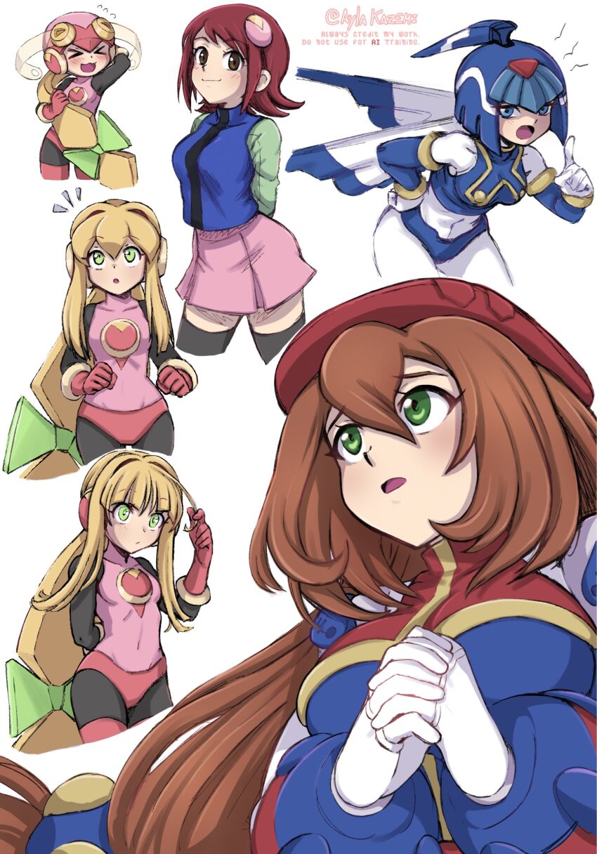 &gt;_&lt; 4girls :3 arm_behind_back ayla_kazemi black_thighhighs blonde_hair blue_eyes blue_hair blue_vest bow breasts brown_eyes closed_mouth fairy_leviathan_(mega_man) frown gloves green_bow green_eyes green_shirt hair_bow hand_in_own_hair hand_on_own_hip helmet highres iris_(mega_man) large_breasts leaning_forward long_hair long_sleeves mayl_sakurai_(mega_man) medium_breasts medium_hair mega_man_(series) mega_man_battle_network_(series) mega_man_x4 mega_man_x_(series) mega_man_zero_(series) multiple_girls open_mouth own_hands_together pink_gloves pink_skirt ponytail roll.exe_(mega_man) shirt sidelocks simple_background skirt smile standing thighhighs vest white_background white_gloves