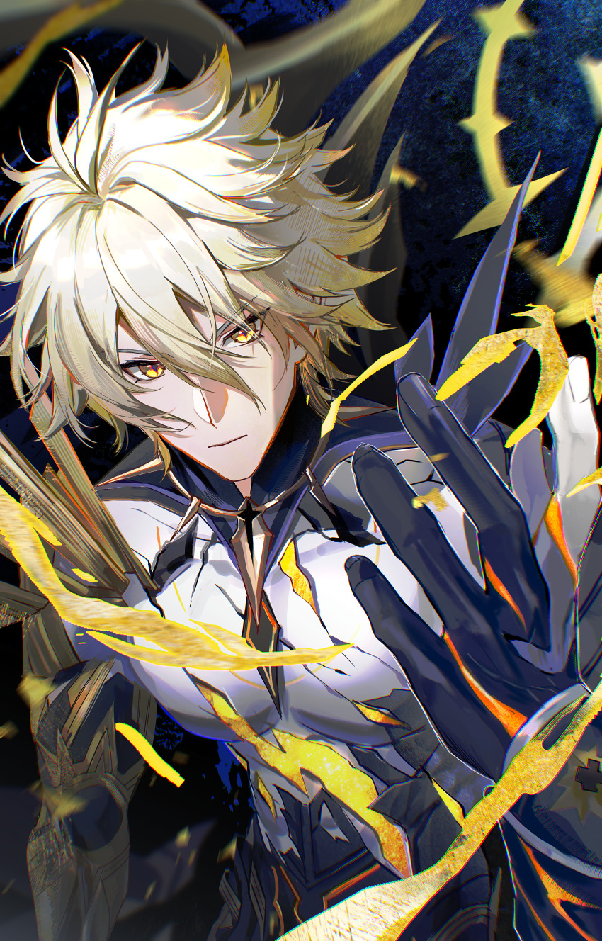 1boy absurdres antenna_hair armored_gloves bare_pectorals blonde_hair chinese_commentary colored_tips commentary_request hair_between_eyes halo halo_behind_head hand_up highres hip_armor honkai:_star_rail honkai_(series) injury liquid_gold looking_at_hand male_focus multicolored_hair pectorals phainon_(honkai:_star_rail) qiaose33912 short_hair solo spoilers yellow_eyes