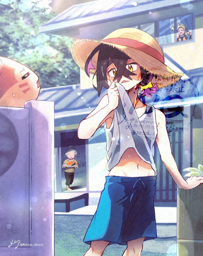1boy 2girls black_hair blue_shorts carmine_(pokemon) closed_eyes crossed_bangs day food fruit furret gen_2_pokemon grey_hair grey_tank_top hair_between_eyes hairband hat hideko_(pokemon) highres kieran_(pokemon) male_focus metoa midriff_peek mole mole_on_neck multiple_girls navel nintendo open_mouth outdoors pokemon pokemon_(creature) pokemon_sv purple_hair red_hair shorts straw_hat sweat tank_top watermark watermelon watermelon_slice yellow_eyes yellow_hairband