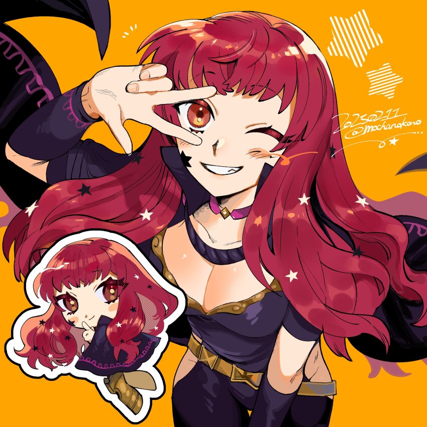 1girl absurdres belt black_bodysuit black_cape blush bodysuit breasts cape chibi choker cleavage clothing_cutout commentary_request dated fire_emblem fire_emblem_engage grin hair_ornament highres index_finger_raised long_hair looking_at_viewer mochako_(motyako_1005) nintendo one_eye_closed pink_choker red_eyes red_hair simple_background smile star_(symbol) star_hair_ornament twitter_username w yellow_background yellow_belt yunaka_(fire_emblem)