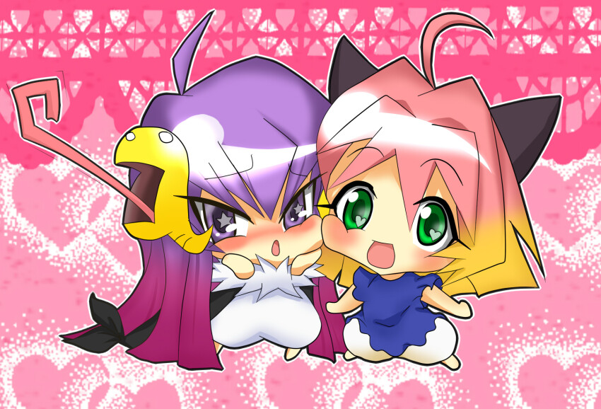 2000s_(style) 2girls :d :o ahoge animal_ears blonde_hair blue_dress blush cheek_press chibi commentary_request dress forehead full_body gradient_hair green_eyes guchuko guchurimu_genrishugi hair_intakes hair_ornament hand_on_own_cheek hand_on_own_face heart heart-shaped_pupils highres long_hair looking_at_viewer medium_hair multicolored_hair multiple_girls no_fingers no_nose open_mouth pac-man_eyes parted_bangs pink_background pink_hair potemayo potemayo_(character) purple_eyes purple_hair shadow short_sleeves smile star-shaped_pupils star_(symbol) streaked_hair symbol-shaped_pupils tongue tongue_out two-tone_hair v-shaped_eyebrows very_long_hair