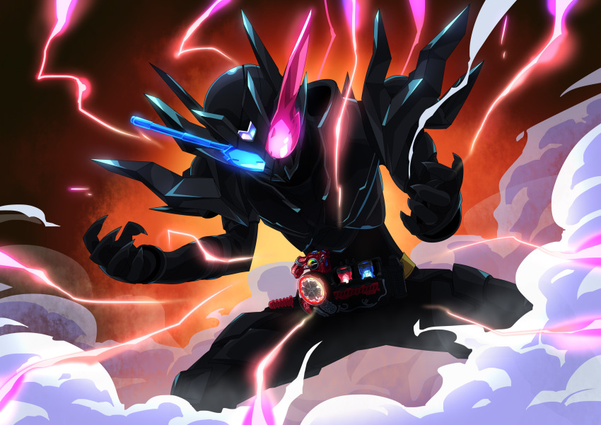 1boy absurdres armor black_armor blue_eyes build_driver electricity fullbottle glowing glowing_eyes hazard_trigger henshin heterochromia highres kamen_rider kamen_rider_build kamen_rider_build_(series) male_focus military military_vehicle motor_vehicle otokamu rabbit rabbit+tank_form_(black_hazard) red_eyes shoulder_spikes smoke spikes steam tank transformation