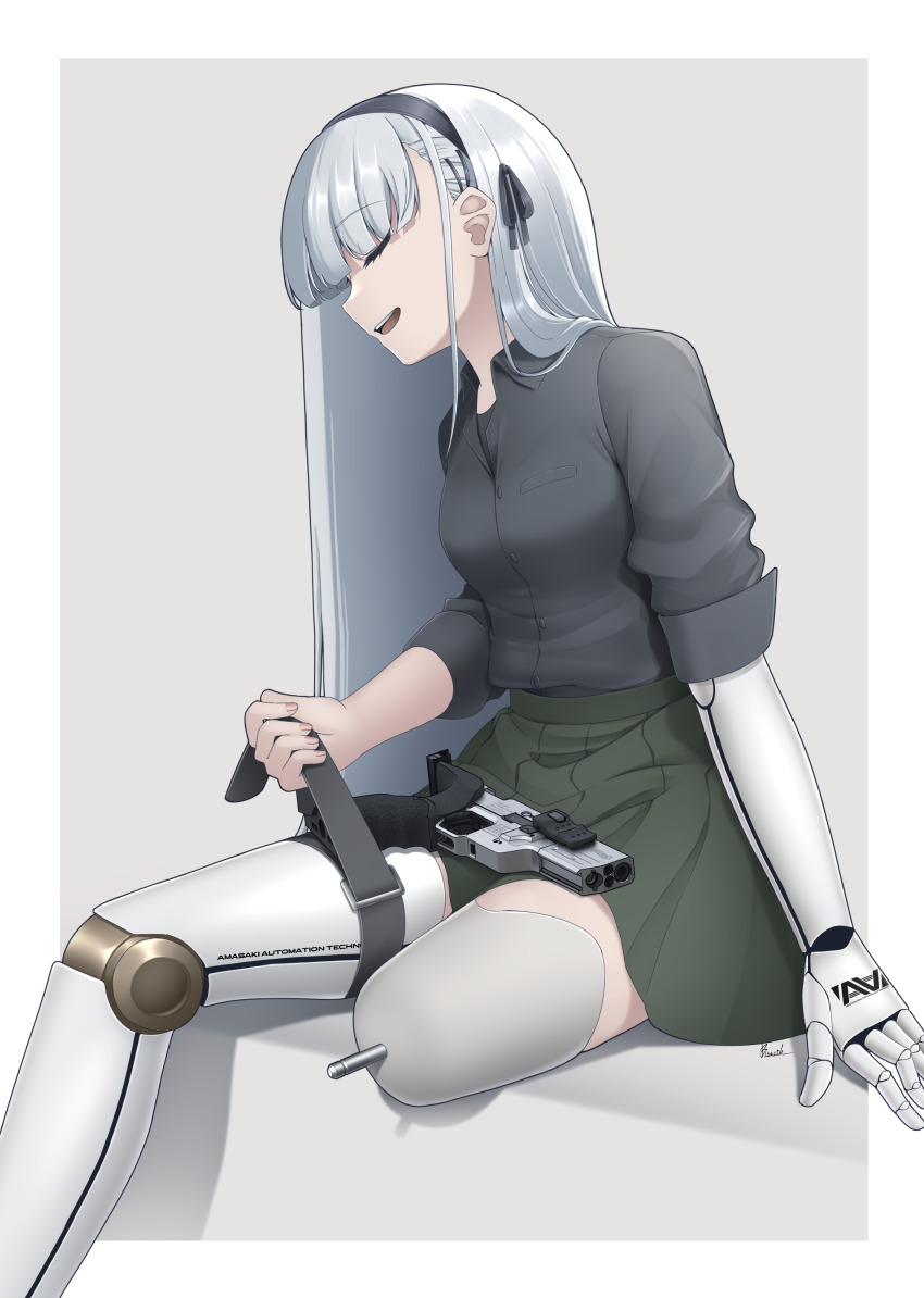 1girl absurdres amputee belt bismuth_(paravene) black_hairband black_shirt border breasts closed_eyes collared_shirt commission dress_shirt fingernails green_skirt grey_background grey_hair gun hair_tie hairband handgun highres legless_amputee long_hair medium_breasts open_mouth original outside_border pink_nails pleated_skirt prosthesis prosthetic_arm prosthetic_leg shirt simple_background sitting skeb_commission skirt solo teeth triple_amputee upper_teeth_only very_long_hair weapon weapon_request white_border