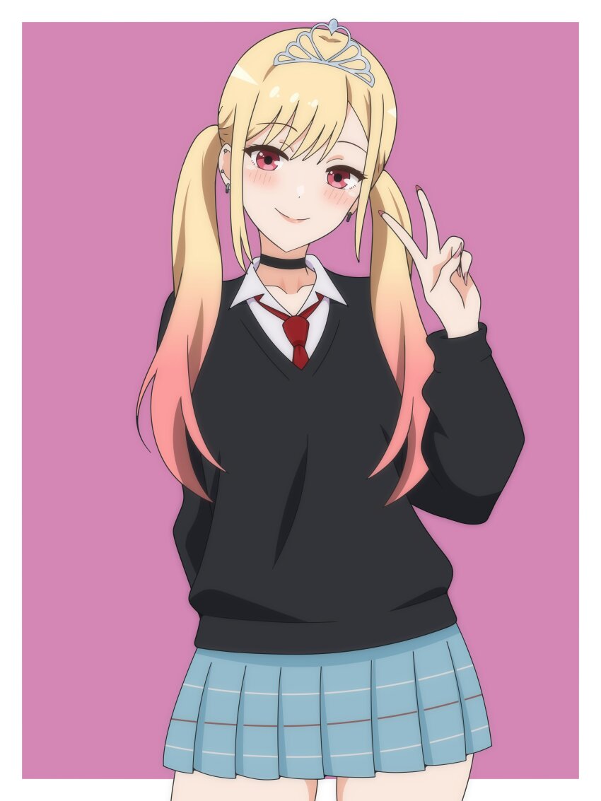 1girl absurdres black_sweater blonde_hair blue_skirt border dani_(angrymatthew) highres kitagawa_marin low_twintails miniskirt necktie pink_background pink_hair pleated_skirt red_eyes red_necktie shirt simple_background skirt solo sono_bisque_doll_wa_koi_wo_suru sweater twintails v white_border white_shirt