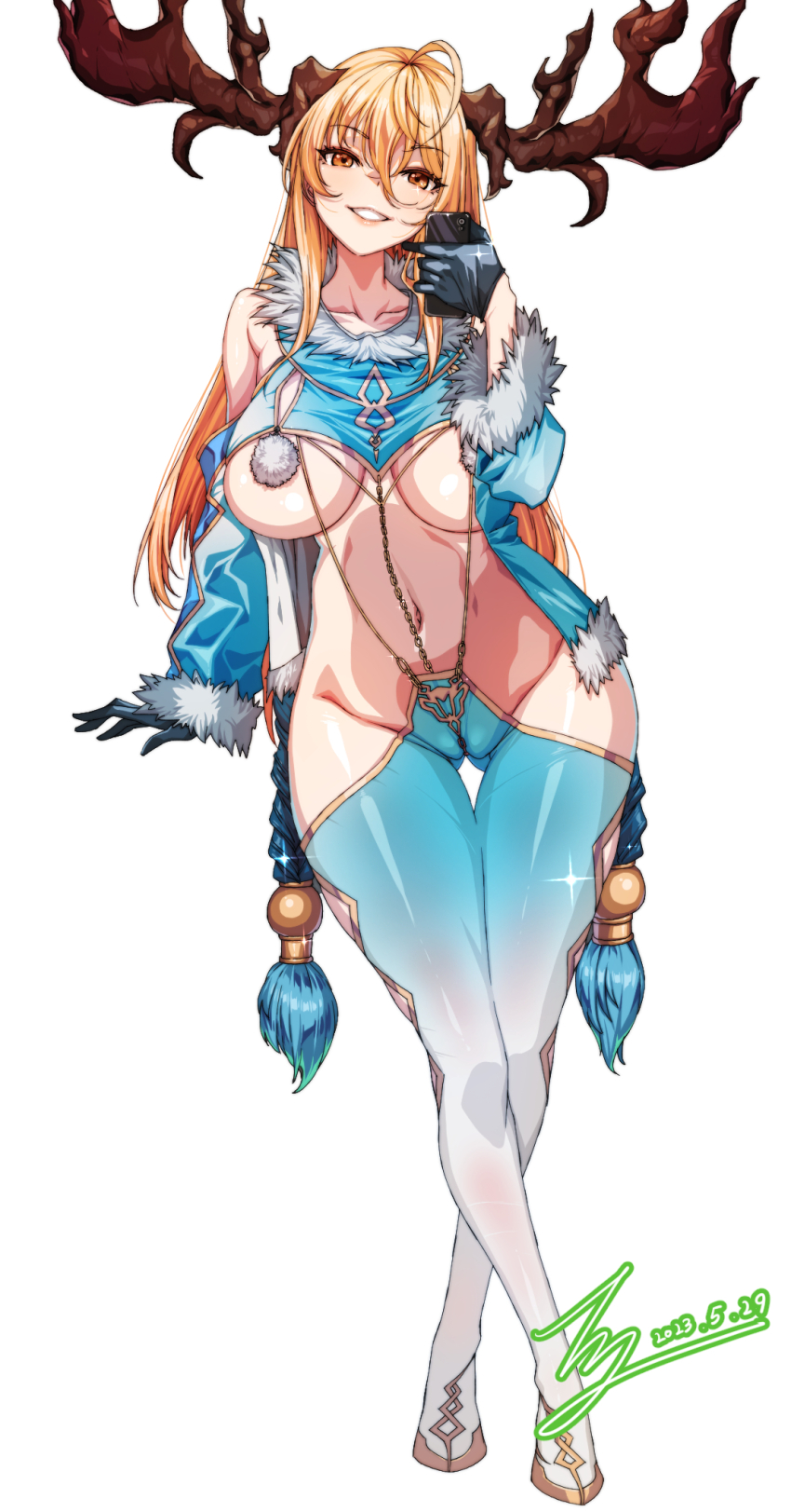 1girl :d ahoge antlers black_gloves blonde_hair breasts cellphone cleavage collarbone commentary_request commission crossed_legs dated detached_sleeves full_body fur-trimmed_sleeves fur_trim gloves gluteal_fold highres holding holding_phone horns large_breasts long_hair long_sleeves looking_at_viewer navel open_mouth orange_eyes original parted_lips phone rantia revealing_clothes selfie signature simple_background smartphone smile sparkle standing stomach thigh_gap very_long_hair watson_cross white_background