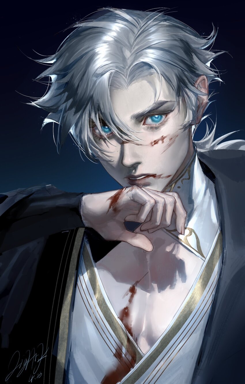 1boy bishounen black_background black_jacket blood blood_on_face blood_on_hands blue_eyes bright_pupils character_request code:_kite curtained_hair fold-over_collar gold_trim gradient_background grey_hair hair_between_eyes hand_up highres jacket light_xk lips long_hair long_sleeves looking_to_the_side male_focus mandarin_collar nose open_clothes open_jacket painterly pale_skin parted_lips pectoral_cleavage pectorals ponytail rattail realistic shadow shirt side_part sideways_glance signature solo white_pupils white_shirt wiping_blood wiping_face