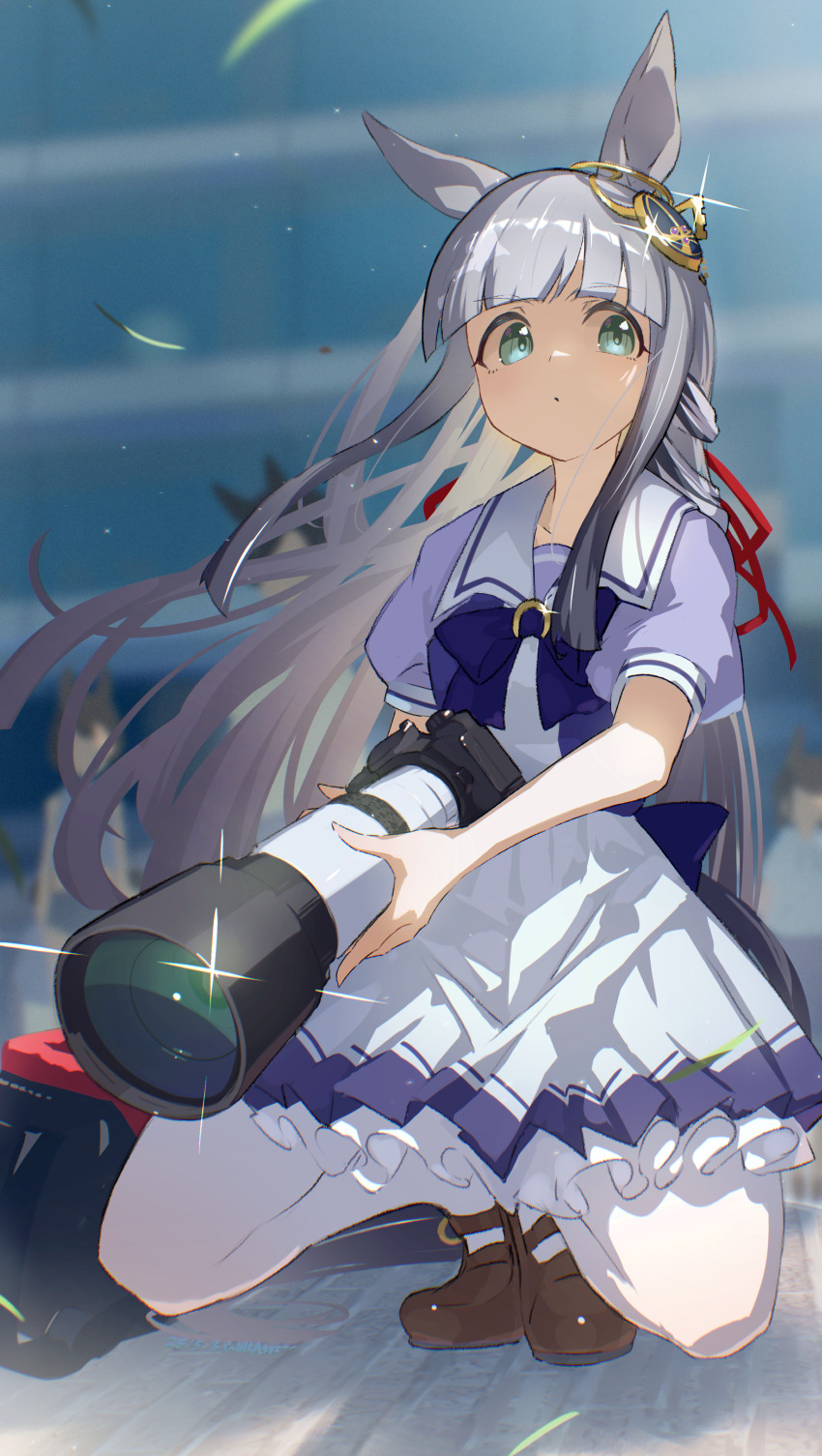 1girl absurdres animal_ears bag blue_eyes blunt_bangs blurry blurry_background blush breasts camera chrono_genesis_(umamusume) closed_mouth collarbone commentary_request full_body grey_hair highres holding holding_camera horse_ears school_uniform sitting small_breasts solo thighhighs tracen_school_uniform umamusume yakousei_a