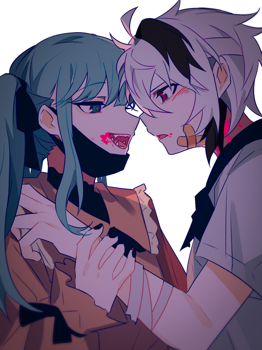 2girls ahoge aqua_eyes aqua_hair bandaged_arm bandages bandaid bandaid_on_cheek bandaid_on_face black_hair black_mask black_nails black_ribbon black_sailor_collar blood blood_from_mouth blood_on_face blood_on_neck blush bright_pupils collared_shirt fangs flower_(vocaloid) flower_(vocaloid4) frilled_shirt_collar frilled_sleeves frills from_side hair_between_eyes hair_ribbon hand_on_another&#039;s_arm hatsune_miku highres long_sleeves looking_at_another mask mask_pull medium_hair mouth_mask multicolored_hair multiple_girls open_mouth parted_lips red_shirt ribbon sailor_collar sharp_teeth shirt short_hair short_sleeves smile streaked_hair teeth turtleneck twintails upper_body vampire_(vocaloid) vocaloid white_background white_hair white_pupils white_shirt ximuye