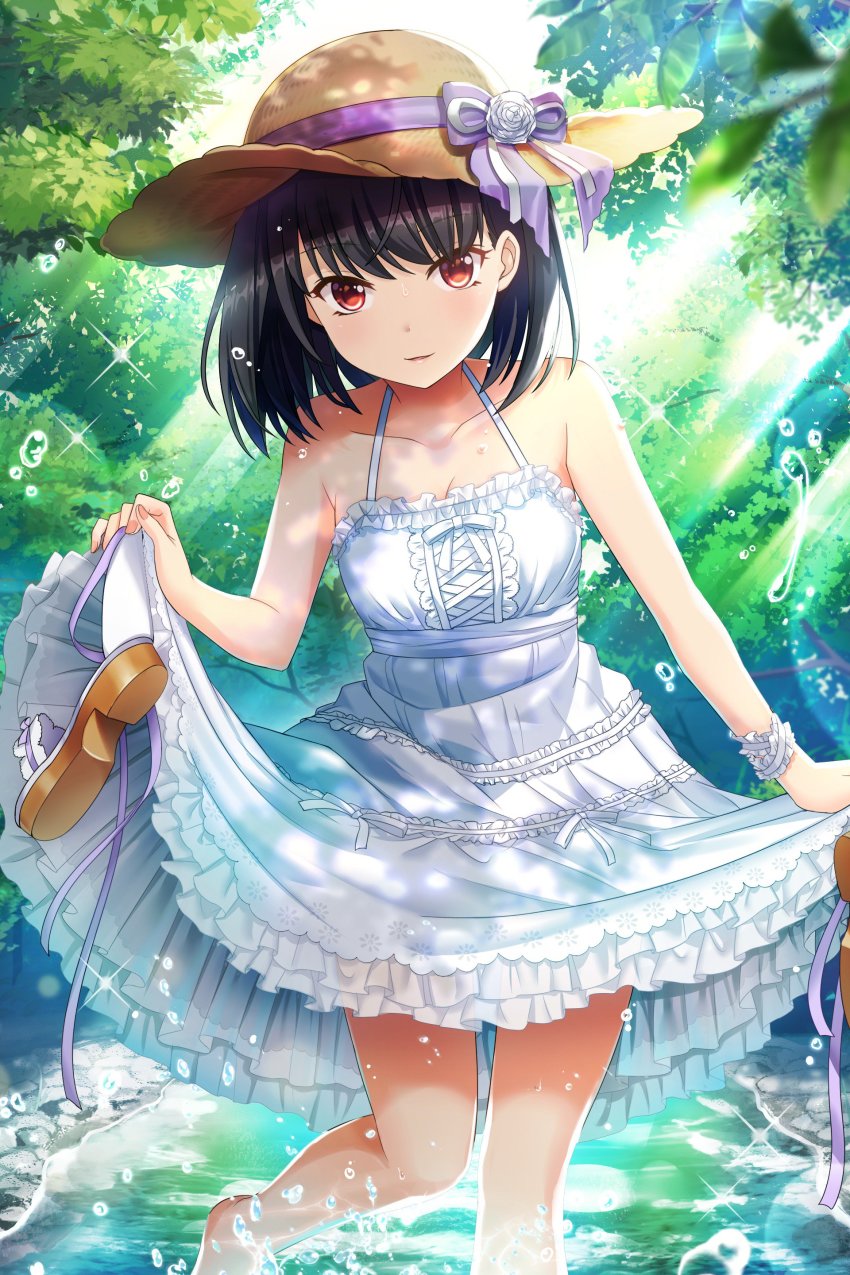 1girl absurdres alternative_girls bare_shoulders black_hair blush bow bracelet breasts collarbone dappled_sunlight day dress female_focus fingernails frilled_dress frills hat hat_bow highres jewelry lavender_ribbon leaf looking_at_viewer medium_breasts no_shoes official_art onitsuka_chiho outdoors parted_lips purple_bow red_eyes short_hair smile solo splashing sun_hat sunlight tree wading water white_dress