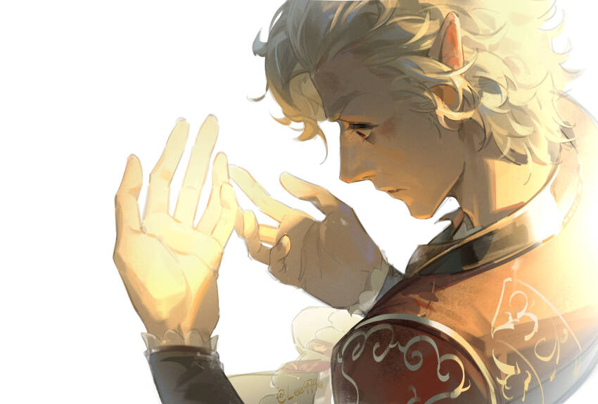 1boy astarion baldur&#039;s_gate baldur&#039;s_gate_3 dungeons_&amp;_dragons elf from_above hands_up highres lee999nine looking_at_hands male_focus parted_lips pointy_ears portrait red_eyes short_hair signature simple_background solo surprised white_background white_hair wide-eyed