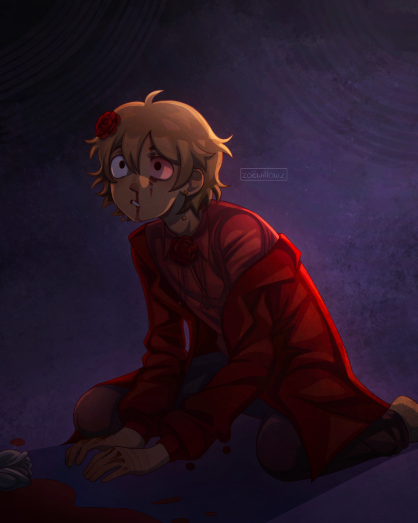 1boy alternate_costume alternate_eye_color alternate_universe artist_name basil_(faraway)_(omori) basil_(omori) black_eyes blonde_hair blood collared_shirt colored_sclera commentary earrings english_commentary flower hair_flower hair_ornament highres jewelry long_sleeves male_focus nosebleed omori parted_lips red_flower red_rose red_sclera red_shirt rose shirt short_hair sitting solo wariza zoewillowz