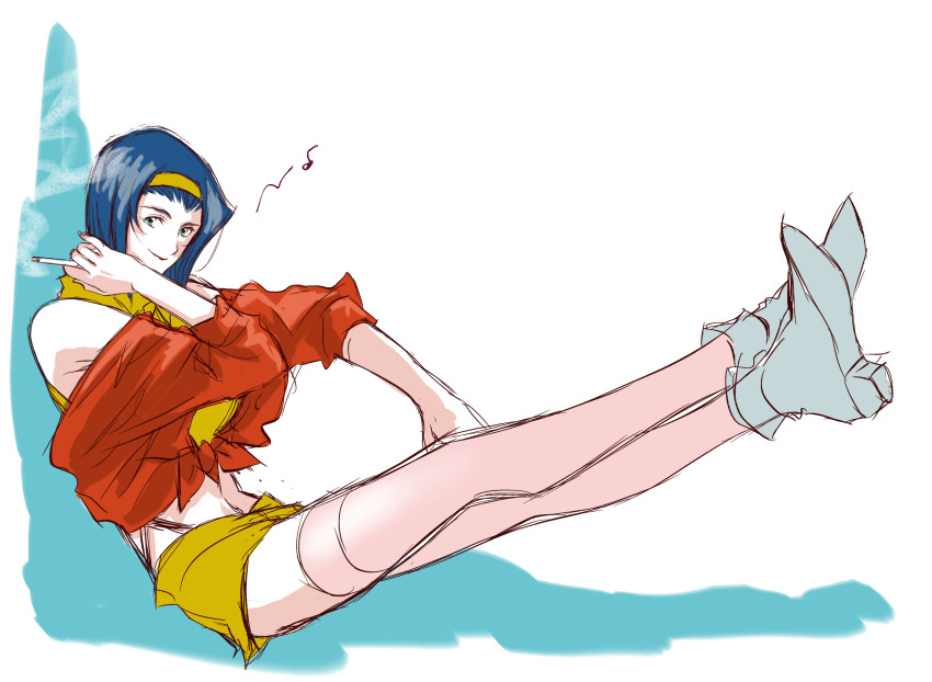 1girl arm_up bare_shoulders black_panties blue_hair bob_cut boots cigarette closed_mouth commentary cowboy_bebop crossed_ankles faye_valentine feet_up from_side green_eyes hair_pulled_back hairband hand_on_own_leg highleg highleg_panties highres holding holding_cigarette jacket light_smile looking_at_viewer looking_to_the_side musical_note off_shoulder panties pink_thighhighs red_jacket shadow shorts smile smoke smoking solo thighhighs tied_sweater tobalin underwear vest white_background white_boots yellow_hairband yellow_shorts yellow_vest