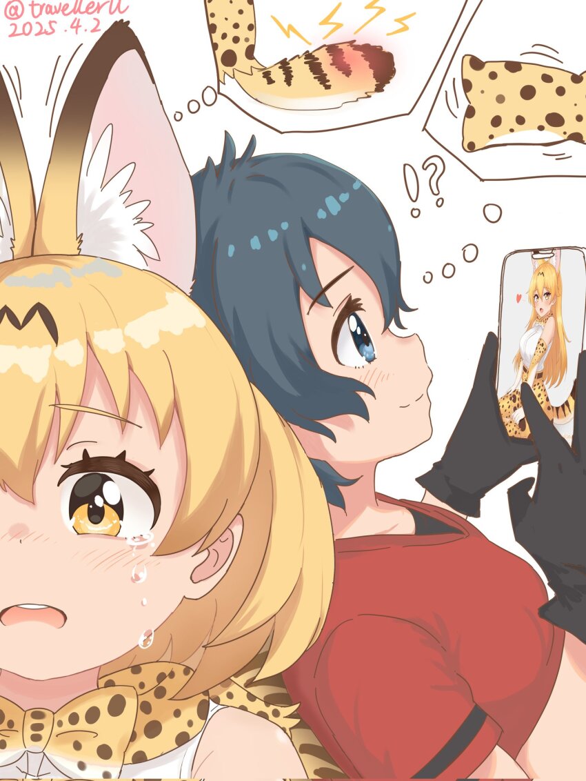 !? 2girls animal_ears black_gloves black_hair blonde_hair blue_eyes blush bow bowtie cat_ears cat_girl cat_tail collared_shirt crying extra_ears gloves hair_between_eyes highres kaban_(kemono_friends) kemono_friends multiple_girls open_mouth photo-referenced print_bow print_bowtie red_shirt serval_(kemono_friends) shirt short_hair short_sleeves sidelocks smile speech_bubble t-shirt tail thought_bubble travellerll white_shirt yellow_eyes