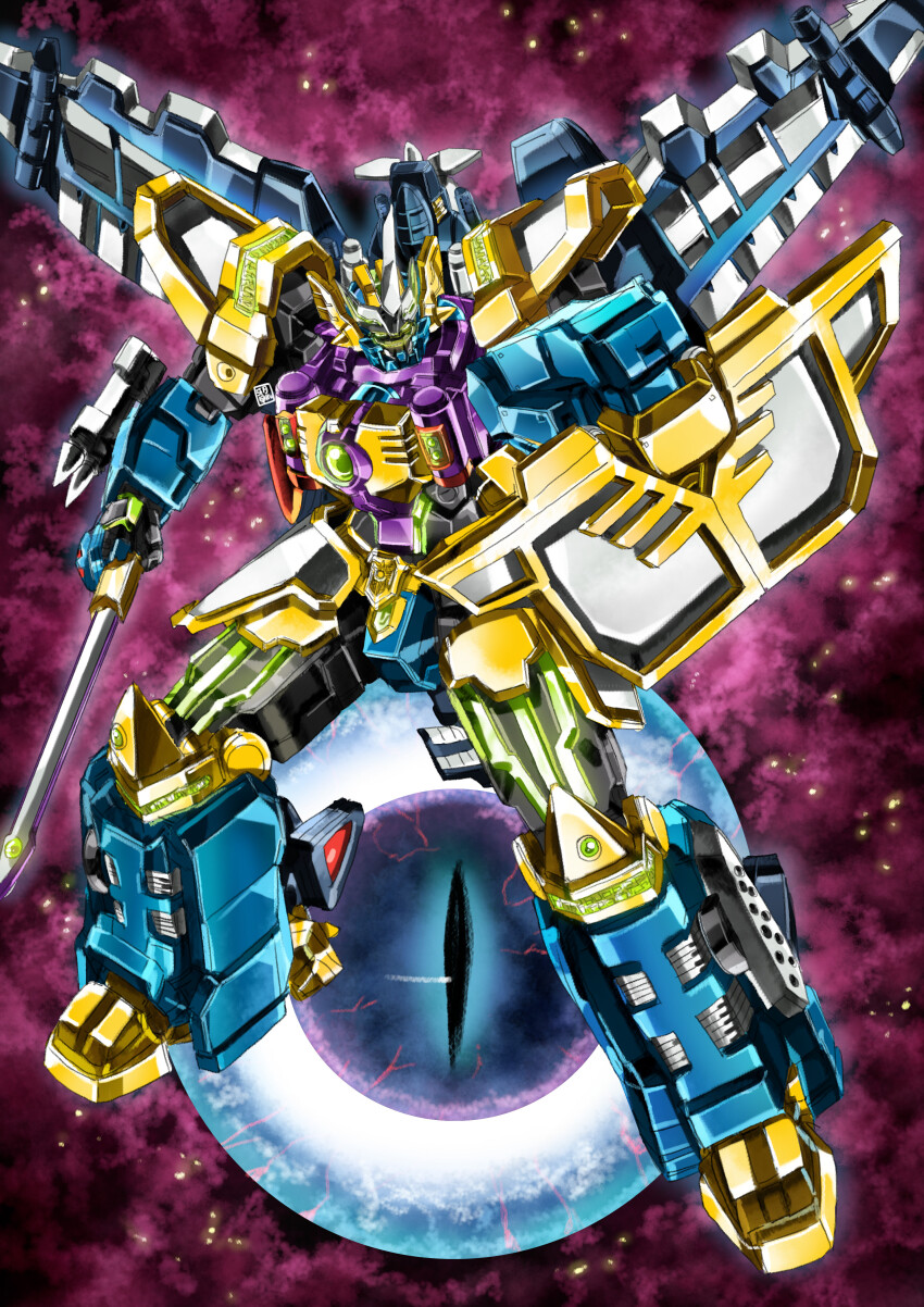 absurdres dennou_boukenki_webdiver garimpeiro gladion_(webdiver) highres holding holding_sword holding_weapon looking_at_viewer mecha mecha_focus mechanical_wings no_humans robot science_fiction shield super_robot sword weapon wings