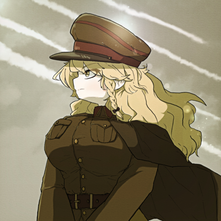 1girl absurdres blonde_hair bow braid breasts brown_bow brown_coat brown_hat brown_skirt buttons closed_mouth coat contrail cookie_(touhou) expressionless hair_bow hat highres kirisame_marisa large_breasts long_hair long_sleeves looking_afar mikami_makoto military military_uniform muimui_(4242564muimui) peaked_cap side_braid single_braid skirt solo touhou upper_body